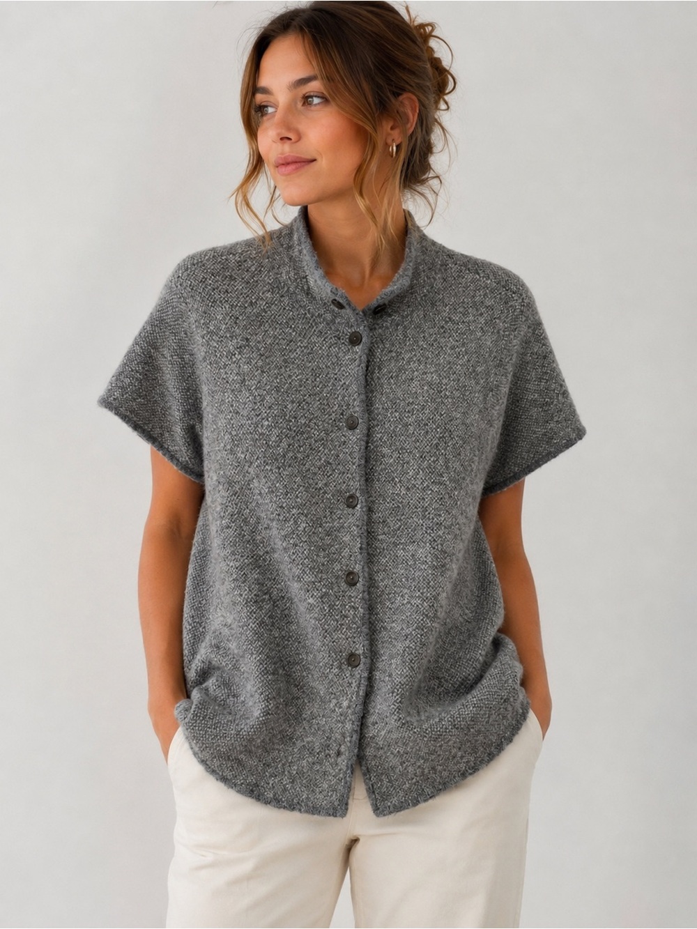 Eileen Fisher XL Gray Alpaca Merino Wool Short Sleeve Cardigan Jacket